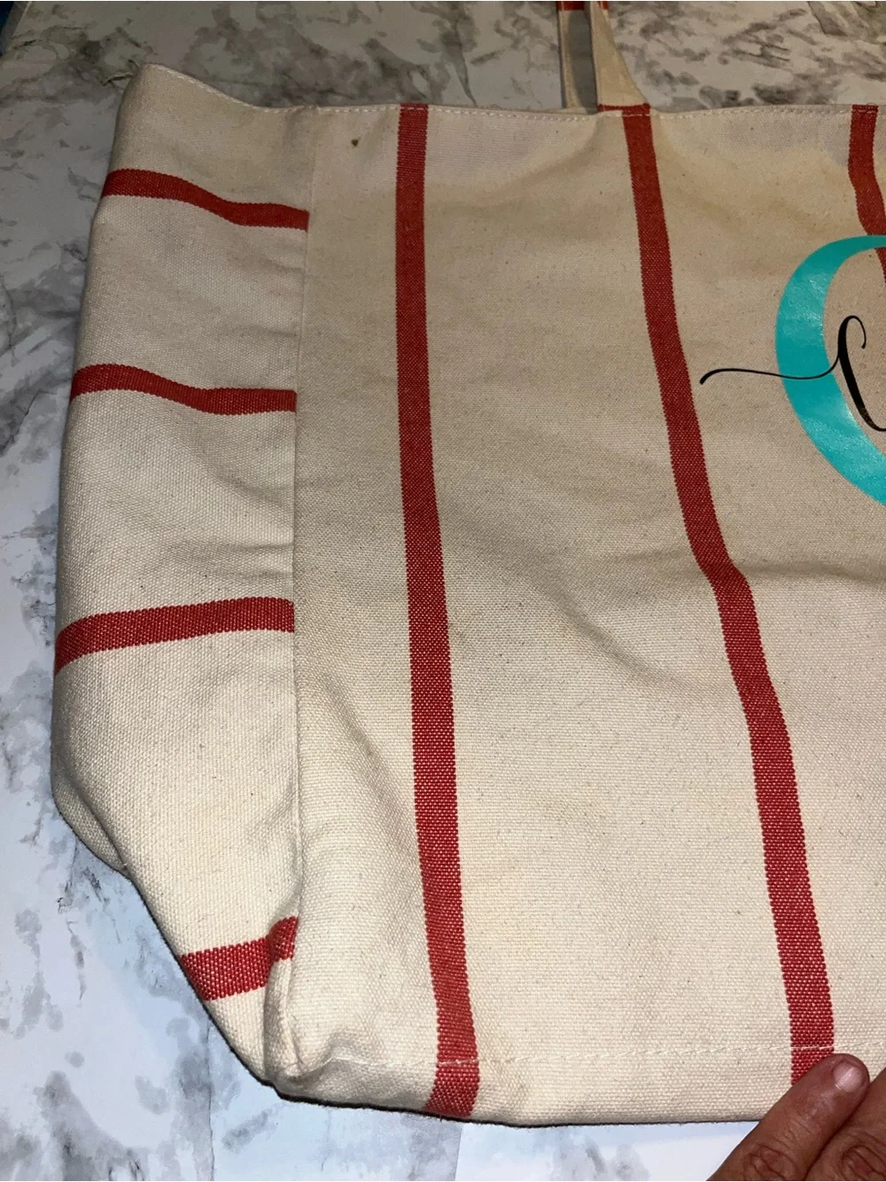 Large Hearth & Hand Cancas Cream Tote with Red Stripes and Turquoise Monogram